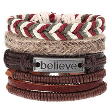 Load image into Gallery viewer, 4Pcs/ Set Braided Leather Men Women Bracelets Vintage Wooden Beads Rudder Cross Ethnic Wristbands Hope Believe Bracelet