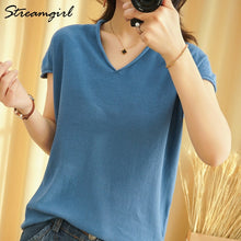 Load image into Gallery viewer, Woman T-shirts For Women 2020 Summer V-neck Knitted T Shirt Women Basic Black Cotton Tshirts Women's T-shirts Short Sleeve 2020