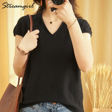 Load image into Gallery viewer, Woman T-shirts For Women 2020 Summer V-neck Knitted T Shirt Women Basic Black Cotton Tshirts Women's T-shirts Short Sleeve 2020