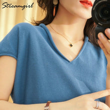 Load image into Gallery viewer, Woman T-shirts For Women 2020 Summer V-neck Knitted T Shirt Women Basic Black Cotton Tshirts Women's T-shirts Short Sleeve 2020