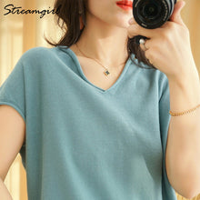 Load image into Gallery viewer, Woman T-shirts For Women 2020 Summer V-neck Knitted T Shirt Women Basic Black Cotton Tshirts Women's T-shirts Short Sleeve 2020