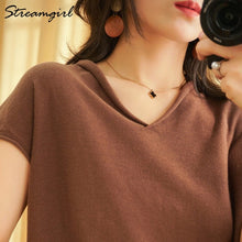 Load image into Gallery viewer, Woman T-shirts For Women 2020 Summer V-neck Knitted T Shirt Women Basic Black Cotton Tshirts Women's T-shirts Short Sleeve 2020