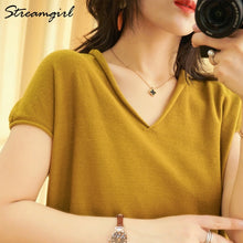 Load image into Gallery viewer, Woman T-shirts For Women 2020 Summer V-neck Knitted T Shirt Women Basic Black Cotton Tshirts Women's T-shirts Short Sleeve 2020