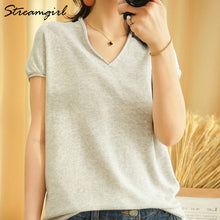 Load image into Gallery viewer, Woman T-shirts For Women 2020 Summer V-neck Knitted T Shirt Women Basic Black Cotton Tshirts Women's T-shirts Short Sleeve 2020