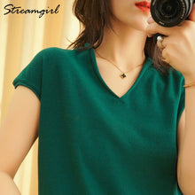 Load image into Gallery viewer, Woman T-shirts For Women 2020 Summer V-neck Knitted T Shirt Women Basic Black Cotton Tshirts Women's T-shirts Short Sleeve 2020