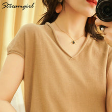 Load image into Gallery viewer, Woman T-shirts For Women 2020 Summer V-neck Knitted T Shirt Women Basic Black Cotton Tshirts Women's T-shirts Short Sleeve 2020