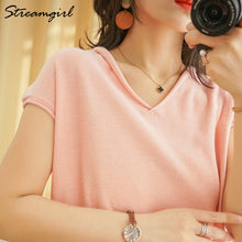 Load image into Gallery viewer, Woman T-shirts For Women 2020 Summer V-neck Knitted T Shirt Women Basic Black Cotton Tshirts Women's T-shirts Short Sleeve 2020