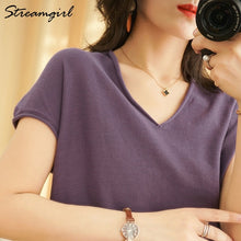 Load image into Gallery viewer, Woman T-shirts For Women 2020 Summer V-neck Knitted T Shirt Women Basic Black Cotton Tshirts Women's T-shirts Short Sleeve 2020