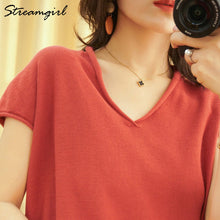 Load image into Gallery viewer, Woman T-shirts For Women 2020 Summer V-neck Knitted T Shirt Women Basic Black Cotton Tshirts Women's T-shirts Short Sleeve 2020