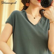 Load image into Gallery viewer, Woman T-shirts For Women 2020 Summer V-neck Knitted T Shirt Women Basic Black Cotton Tshirts Women's T-shirts Short Sleeve 2020