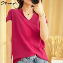 Load image into Gallery viewer, Woman T-shirts For Women 2020 Summer V-neck Knitted T Shirt Women Basic Black Cotton Tshirts Women's T-shirts Short Sleeve 2020