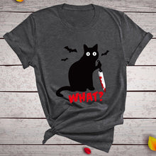 Load image into Gallery viewer, Black Cat What Tshirt Murderous Cat Knife Women Funny T Shirt Short Sleeve Halloween Tops Tees Femme Camisetas Verano Mujer 2019