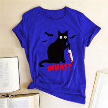 Load image into Gallery viewer, Black Cat What Tshirt Murderous Cat Knife Women Funny T Shirt Short Sleeve Halloween Tops Tees Femme Camisetas Verano Mujer 2019