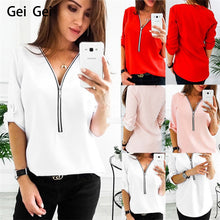 Load image into Gallery viewer, European new fashion women V-neck zipper t shirt girl casual pink red five-point sleeve shirts ladies summer large size tops