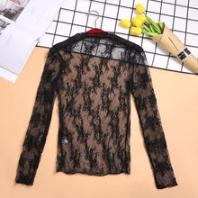 Load image into Gallery viewer, CHICEVER Mesh Lace Sexy T Shirt Womens Stand Collar Hollow Out Basic Transparent Pullover T Shirts Tops 2020 Spring Fashion