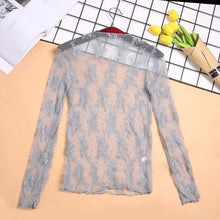 Load image into Gallery viewer, CHICEVER Mesh Lace Sexy T Shirt Womens Stand Collar Hollow Out Basic Transparent Pullover T Shirts Tops 2020 Spring Fashion