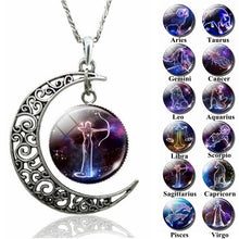 Load image into Gallery viewer, 12 Constellation Necklace Zodiac Signs Cabochon Glass Crescent Moon Pendant Clavicle chain Necklace Birthday Gifts for Women
