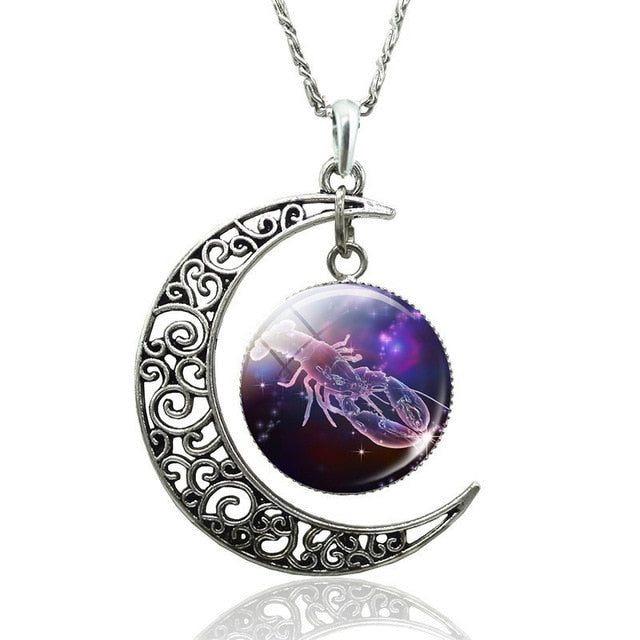 12 Constellation Necklace Zodiac Signs Cabochon Glass Crescent