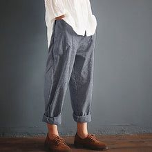Load image into Gallery viewer, Pockets Loose Striped Cotton Linen Long Harem Pants Women Elastic Waist Casual Cargo Pantalon Overalls Trousers Plus Size Casual