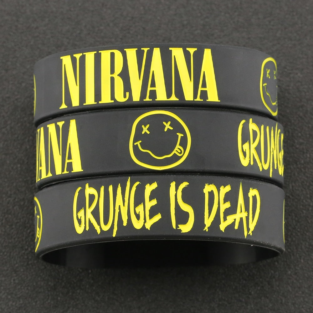 Nirvana Bracelet Kurt Donald Cobain Rock Band Hip Hop Bangle Silicone Wristband Engraved Smile Face Grunge Jewelry Men Wholesale