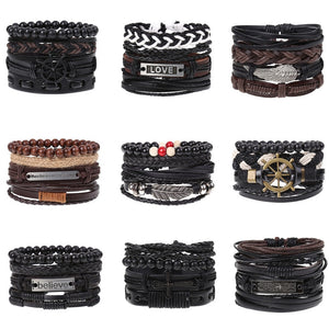 4Pcs/ Set Braided Leather Men Women Bracelets Vintage Wooden Beads Rudder Cross Ethnic Wristbands Hope Believe Bracelet