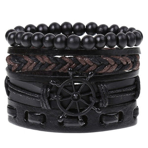 4Pcs/ Set Braided Leather Men Women Bracelets Vintage Wooden Beads Rudder Cross Ethnic Wristbands Hope Believe Bracelet