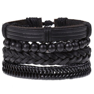 4Pcs/ Set Braided Leather Men Women Bracelets Vintage Wooden Beads Rudder Cross Ethnic Wristbands Hope Believe Bracelet