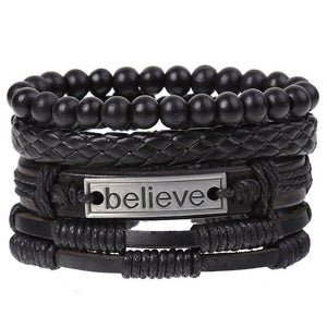 4Pcs/ Set Braided Leather Men Women Bracelets Vintage Wooden Beads Rudder Cross Ethnic Wristbands Hope Believe Bracelet