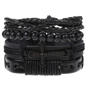 4Pcs/ Set Braided Leather Men Women Bracelets Vintage Wooden Beads Rudder Cross Ethnic Wristbands Hope Believe Bracelet