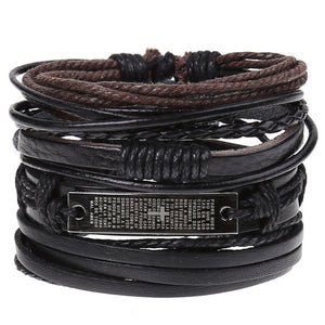 4Pcs/ Set Braided Leather Men Women Bracelets Vintage Wooden Beads Rudder Cross Ethnic Wristbands Hope Believe Bracelet