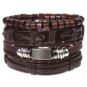 4Pcs/ Set Braided Leather Men Women Bracelets Vintage Wooden Beads Rudder Cross Ethnic Wristbands Hope Believe Bracelet