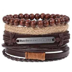 4Pcs/ Set Braided Leather Men Women Bracelets Vintage Wooden Beads Rudder Cross Ethnic Wristbands Hope Believe Bracelet