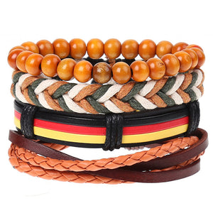 4Pcs/ Set Braided Leather Men Women Bracelets Vintage Wooden Beads Rudder Cross Ethnic Wristbands Hope Believe Bracelet