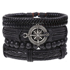 4Pcs/ Set Braided Leather Men Women Bracelets Vintage Wooden Beads Rudder Cross Ethnic Wristbands Hope Believe Bracelet