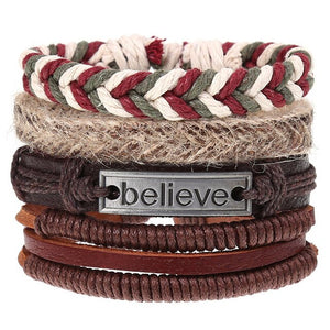 4Pcs/ Set Braided Leather Men Women Bracelets Vintage Wooden Beads Rudder Cross Ethnic Wristbands Hope Believe Bracelet