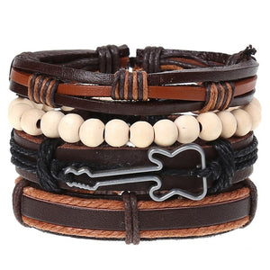 4Pcs/ Set Braided Leather Men Women Bracelets Vintage Wooden Beads Rudder Cross Ethnic Wristbands Hope Believe Bracelet