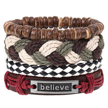 Load image into Gallery viewer, 4Pcs/ Set Braided Leather Men Women Bracelets Vintage Wooden Beads Rudder Cross Ethnic Wristbands Hope Believe Bracelet
