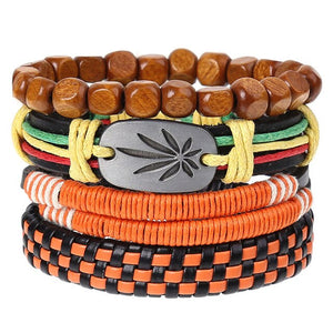 4Pcs/ Set Braided Leather Men Women Bracelets Vintage Wooden Beads Rudder Cross Ethnic Wristbands Hope Believe Bracelet