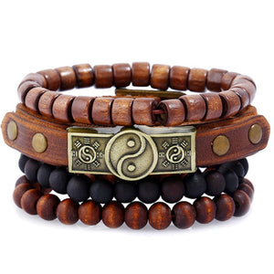 4Pcs/ Set Braided Leather Men Women Bracelets Vintage Wooden Beads Rudder Cross Ethnic Wristbands Hope Believe Bracelet