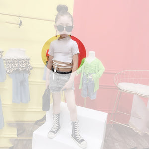 Summer girls t shirt baby crop top kids short tee children streetwear clothes fashion crop bandage lacing 2 to 12 yrs