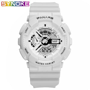 PANARS Outdoor Sport White Digital Watch Men Women Alarm Clock 5Bar Waterproof Shock Military Watches LED Display Shock Watch