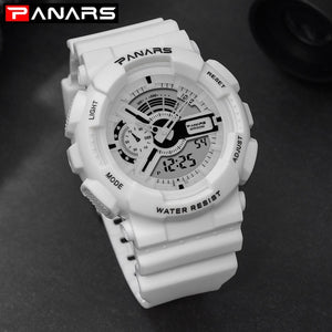 PANARS Outdoor Sport White Digital Watch Men Women Alarm Clock 5Bar Waterproof Shock Military Watches LED Display Shock Watch
