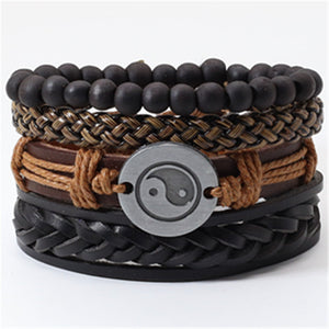 Taichi Khaki Black Beads Wristband Multilayer Leather Bracelets Set Men Bracelets Women Homme Fashion Jewelry Accessories