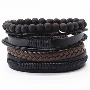 Taichi Khaki Black Beads Wristband Multilayer Leather Bracelets Set Men Bracelets Women Homme Fashion Jewelry Accessories
