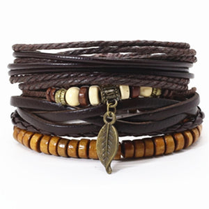 Taichi Khaki Black Beads Wristband Multilayer Leather Bracelets Set Men Bracelets Women Homme Fashion Jewelry Accessories