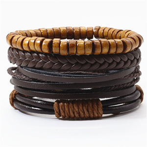 Taichi Khaki Black Beads Wristband Multilayer Leather Bracelets Set Men Bracelets Women Homme Fashion Jewelry Accessories