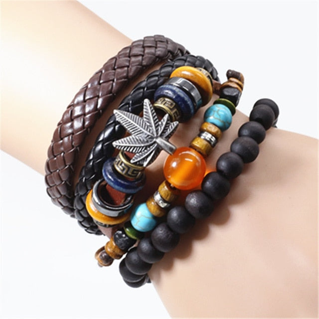 Taichi Khaki Black Beads Wristband Multilayer Leather Bracelets Set Men Bracelets Women Homme Fashion Jewelry Accessories