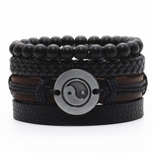Taichi Khaki Black Beads Wristband Multilayer Leather Bracelets Set Men Bracelets Women Homme Fashion Jewelry Accessories