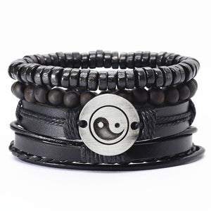 Taichi Khaki Black Beads Wristband Multilayer Leather Bracelets Set Men Bracelets Women Homme Fashion Jewelry Accessories