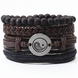 Taichi Khaki Black Beads Wristband Multilayer Leather Bracelets Set Men Bracelets Women Homme Fashion Jewelry Accessories